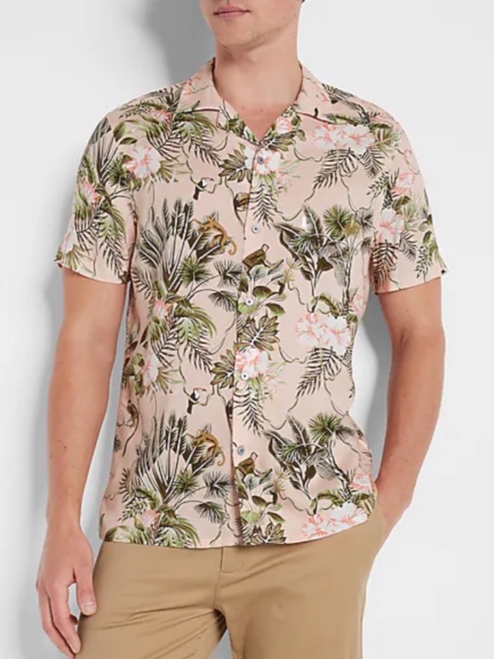 EXPRESS Floral Jungle Print Rayon Short Sleeve Shirt - Pink XXL